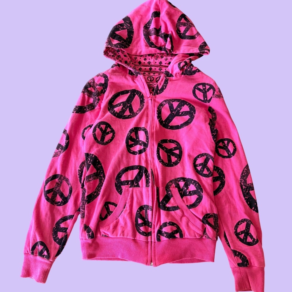 Y2K No Boundaries Reversible Peace Sign Zip Up Hoodie Pink Scene #18